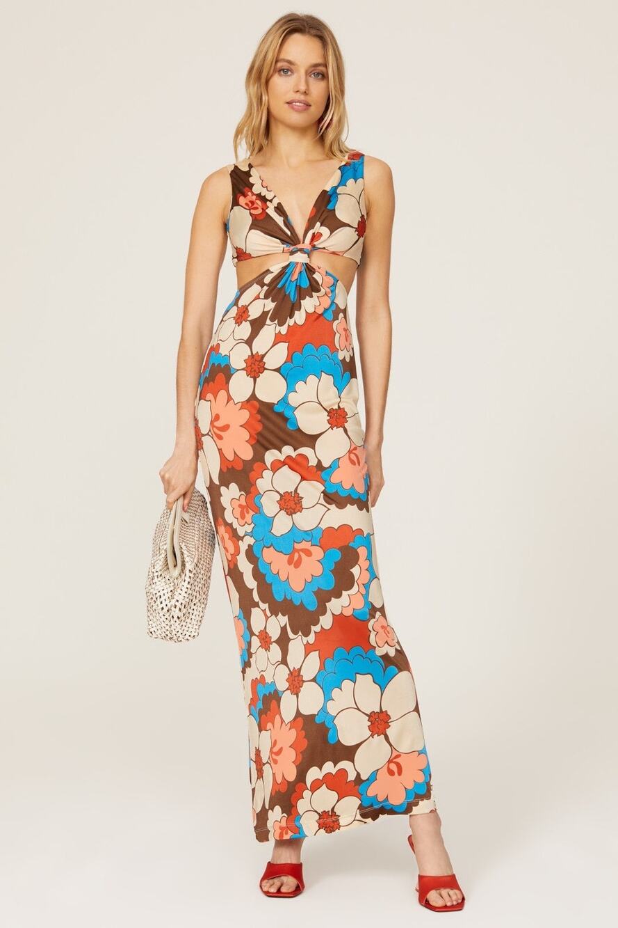 RONNY KOBO Women's Floral Printed Retro Mid Cutouts Scoop Back Dress Size Small